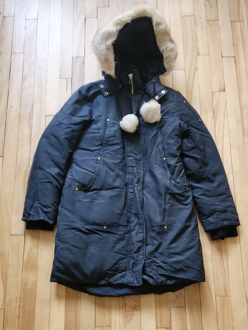 Moose Knuckles Navy Puffer Parka with Faux Fur Hood
